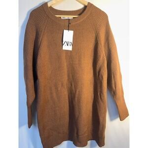 Zara Ribbed Knit Sweater Dress Rust Long Sleeve Crewneck NWT Size M